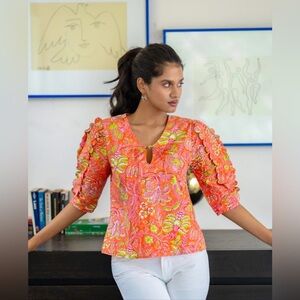 Sohana Moda Top Hand Crafted Bright Floral Tie-Front Puff Sleeves Boho Chic L